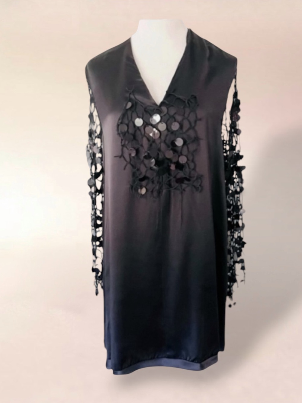 DENIS GAGNON Black Silk Sequin Mesh Net SPECTACULAR  Gala Evening Dress Size M